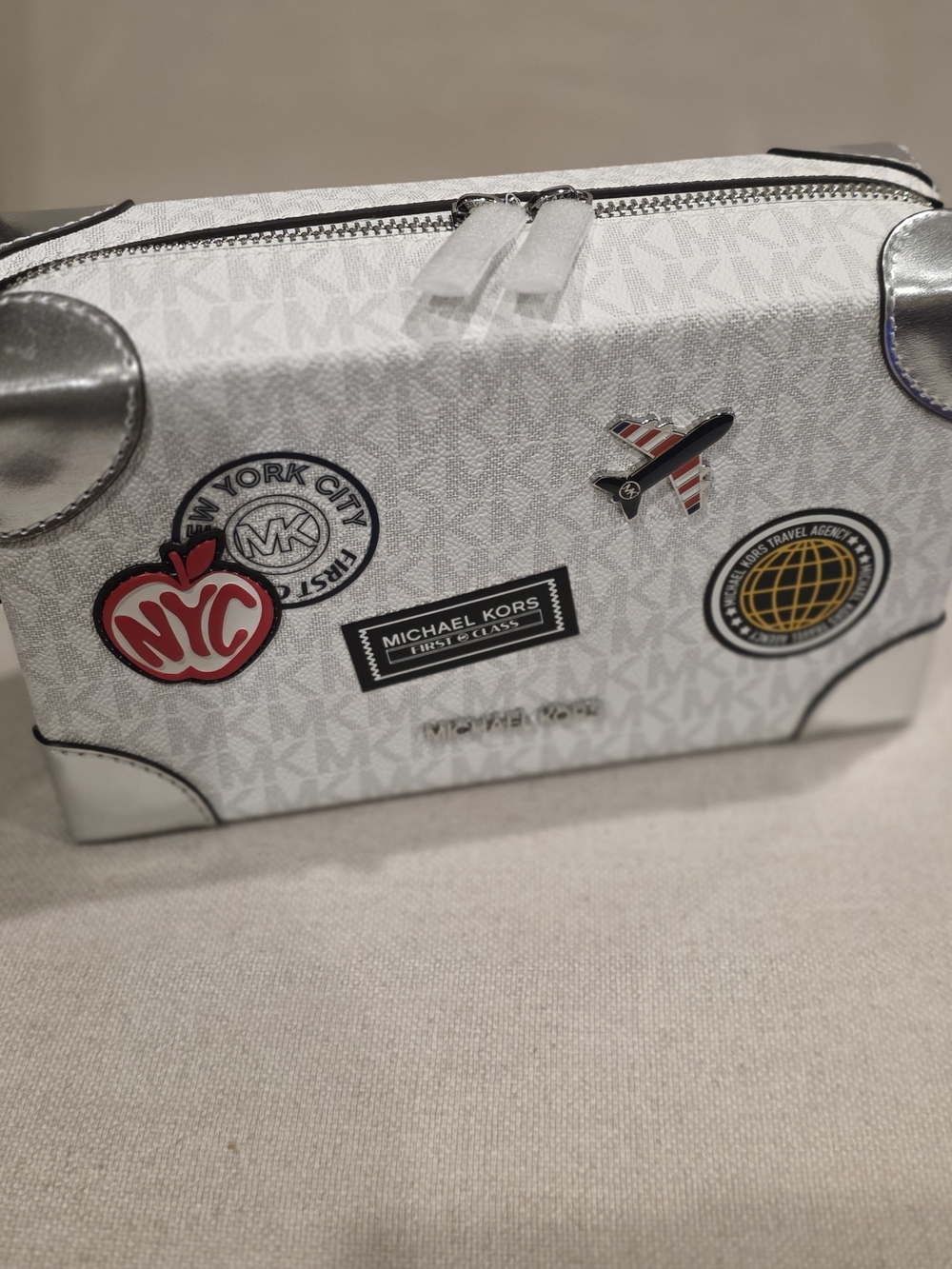Michael Kors White Travel Cosmetic Case with Silver Accents